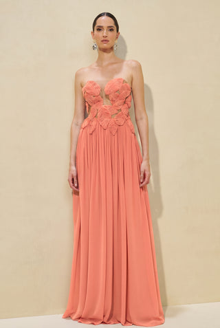 Vestido Fluido Folhas E Flores - Pessego 281447BG07