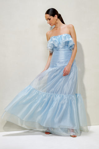 Vestido Ombro A Ombro Em Organza E Babados