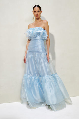 Vestido Ombro A Ombro Em Organza E Babados