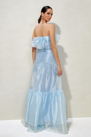Vestido Ombro A Ombro Em Organza E Babados