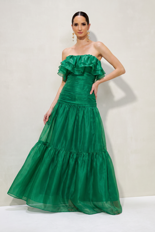 Vestido Ombro A Ombro Em Organza E Babados