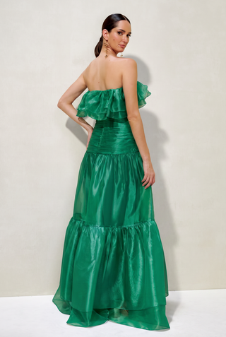 Vestido Ombro A Ombro Em Organza E Babados