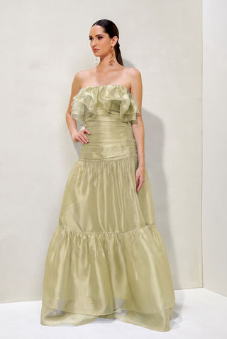 Vestido Ombro A Ombro Em Organza E Babados