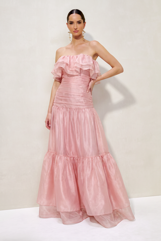 Vestido Ombro A Ombro Em Organza E Babados