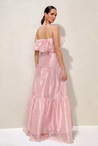 Vestido Ombro A Ombro Em Organza E Babados