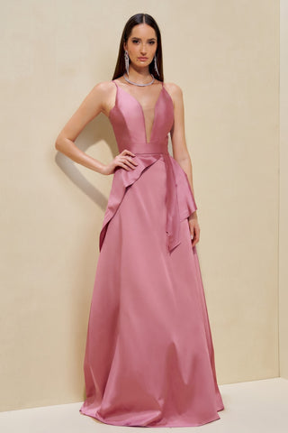 Vestido Em Tafeta Longo Saia Assimetica - Rosa Seco 281471RS10
