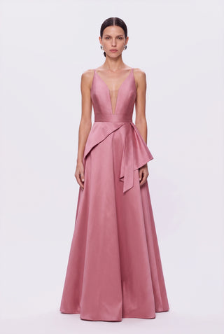 Vestido Em Tafeta Longo Saia Assimetica Rosa Seco - frente