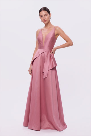 Vestido Em Tafeta Longo Saia Assimetica Rosa Seco - pose