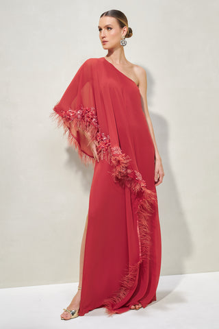 Vestido Kaftan com Plumas e Bordados