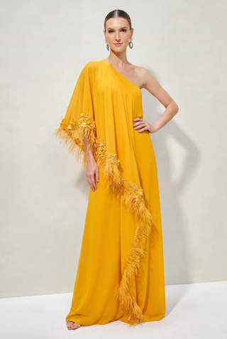 Vestido Kaftan com Plumas e Bordados