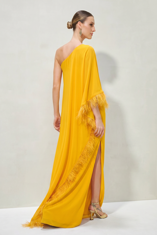 Vestido Kaftan com Plumas e Bordados