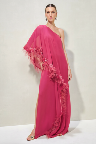 Vestido Kaftan com Plumas e Bordados