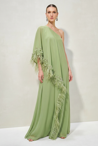 Vestido Kaftan com Plumas e Bordados