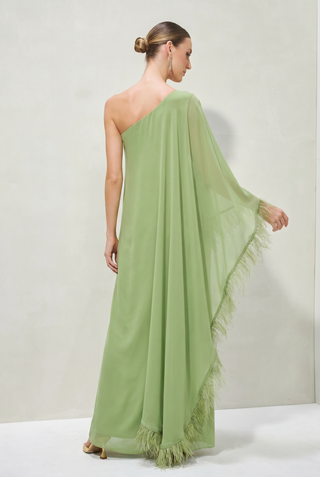 Vestido Kaftan com Plumas e Bordados