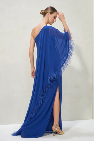 Vestido Kaftan com Plumas e Bordados
