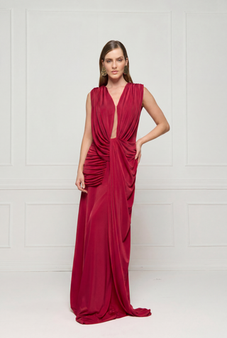 Vestido Drapeado Longo Jersey - Licor Cereja 2815051034