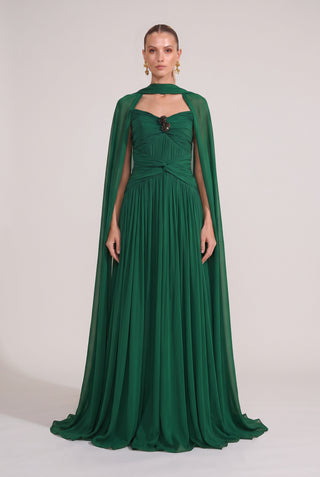 Vestido Tqc Drapeado C/capa Esmeralda - frente