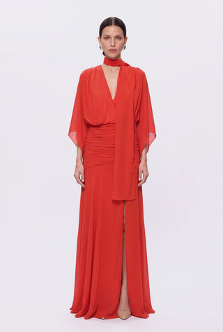 Vestido Decote V C/Drapeado Diogonal Vermelho - frente
