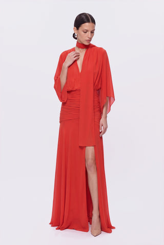Vestido Decote V C/Drapeado Diogonal Vermelho - pose