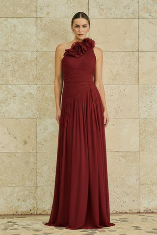 Vestido Um Ombro So C/flor Aplic Drapeado - Licor Cereja 2815411034