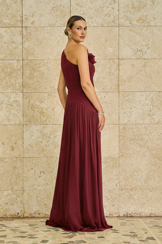 Vestido Um Ombro So C/flor Aplic Drapeado - Licor Cereja 2815411034