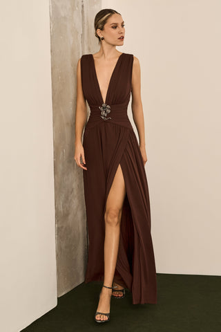 Vestido Jersey Cintura Drapeada - Marron 281548MA09