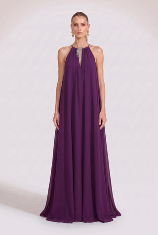Vestido Fluido Com Broche Pavao Ametista - frente