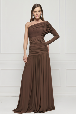 Vestido Longo Jersey Drape Ombro So - Marron 281594MA09
