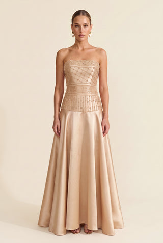 Vestido Tqc Top Alongado Bordado - Champagne - frente