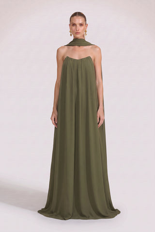Vestido Fluido Tqc C/echarp Oliva - frente