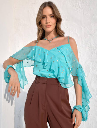 Blusa Em Chiffon Alças Babados E Bordados - Turqueza 211405AZ02