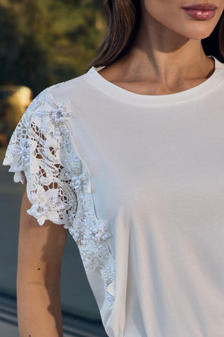 T-shirt Mangas Em Guipir Bord - Off White