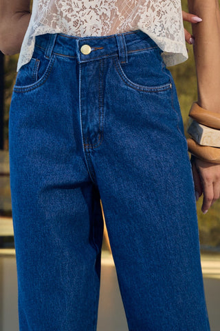 Calça Jeans Wide Leg C/ Renda - Blue Jeans