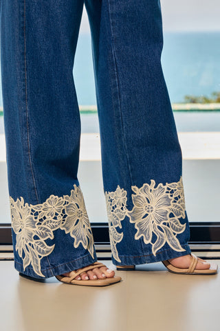 Calça Jeans Wide Leg C/ Renda - Blue Jeans