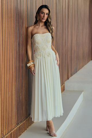 Vestido Saia Tule e Top Tecido Exclusivo - Champagne