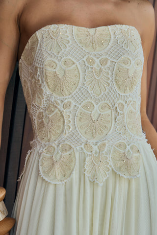 Vestido Saia Tule e Top Tecido Exclusivo - Champagne