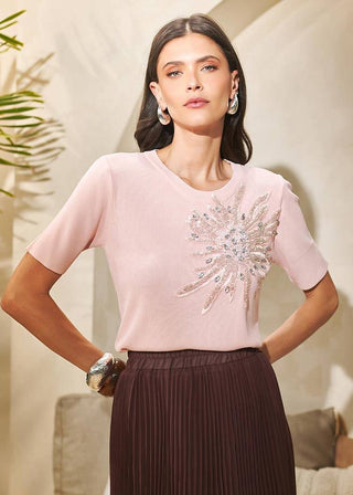 T-shirt Trico Aplicação E Bordado - Rosa 211463RS01.