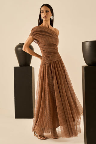 Vestido Longo Drapê Em Tule - Chocolate 431523MA05