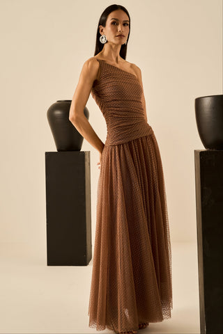 Vestido Longo Drapê Em Tule - Chocolate 431523MA05