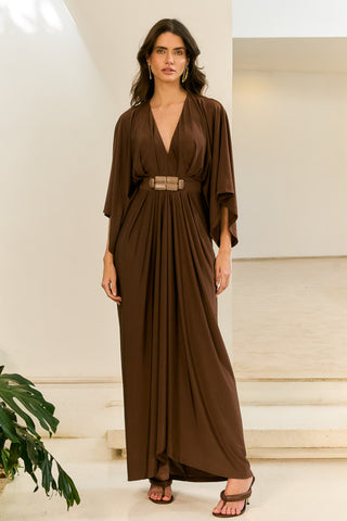 Vestido Malha Jersey Kaftan - Marrom