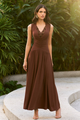 Vestido Malha Detalhe Renda - Marrom