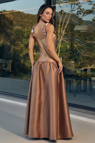 Vestido Cintura Baixa Mix Texturas Bordado - Dourado
