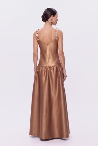 Vestido Cintura Baixa Mix Texturas Bordado Dourado - costas