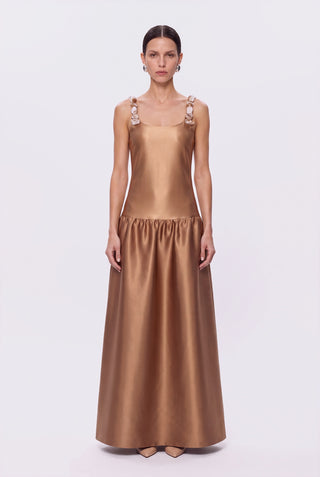Vestido Cintura Baixa Mix Texturas Bordado Dourado - frente