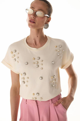 T-shirt Bordada Perolas - Creme 4115231163