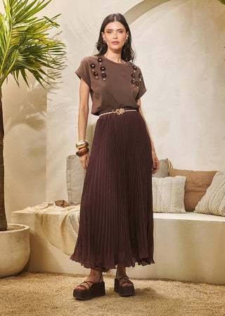 T-shirt Flowers Bordadas - Marron 211424MA09