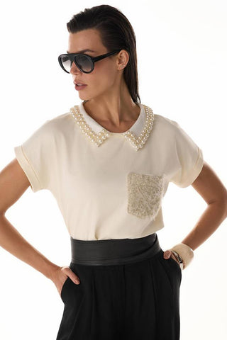 T-shirt Estilizada C/ Perolas - Creme 4115251163