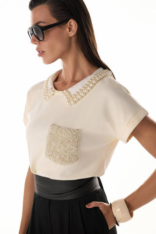 T-shirt Estilizada C/ Perolas - Creme 4115251163